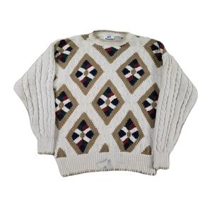 Vintage Van Heusen 417 Fisherman Cableknit Sweater Geometric 3D Knit Grunge Sz M